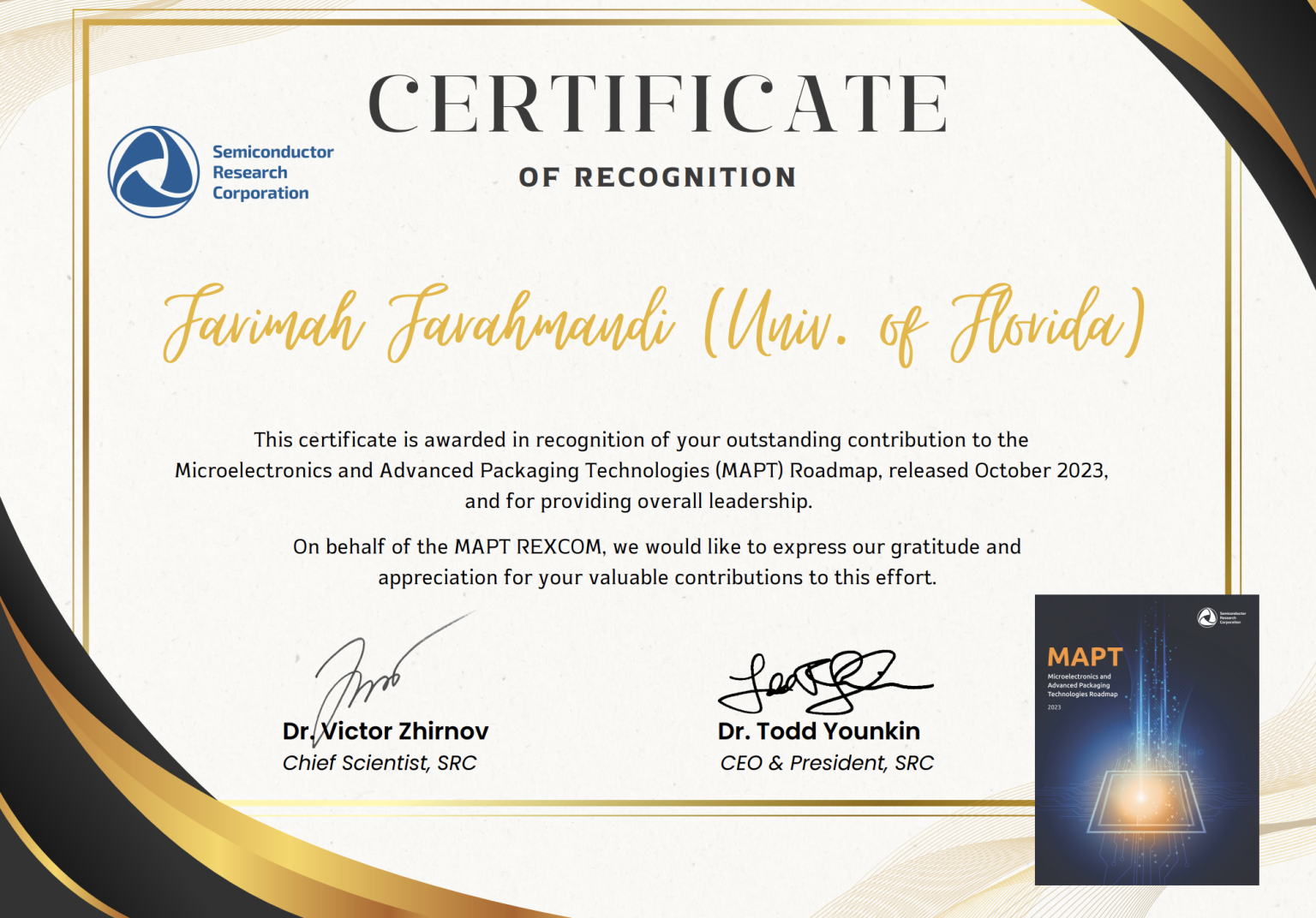 Certificate of Recognition to Dr. Farahmandi from SRC – Dr. Farimah ...